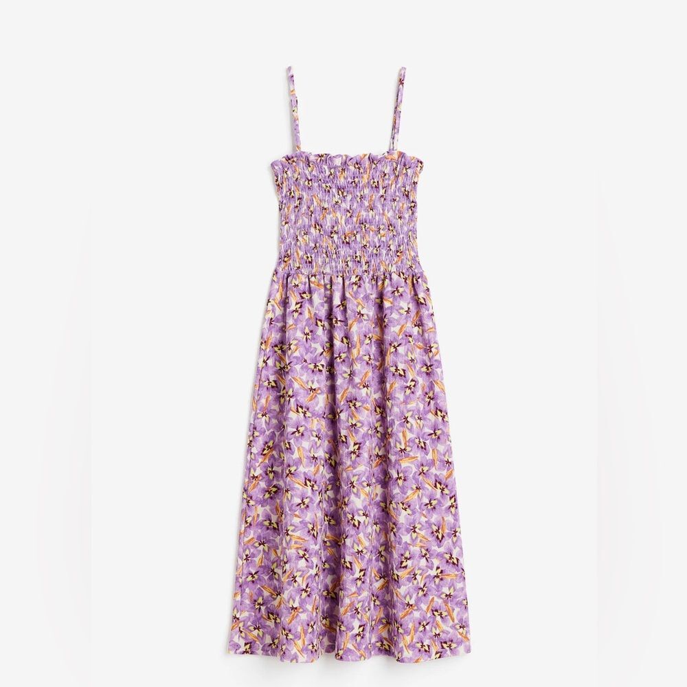 H&M || Smocked Bodice Sleeveless Ruffle Flared Skirt Orchid Knee Length M Dress